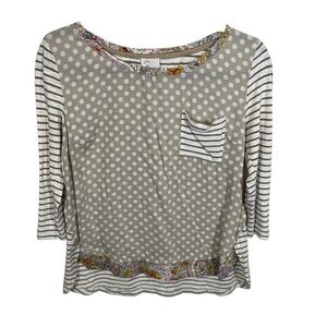 ANTHROPOLOGIE Postmark Womens Tan Polka Dot & Striped Top Blouse Size S